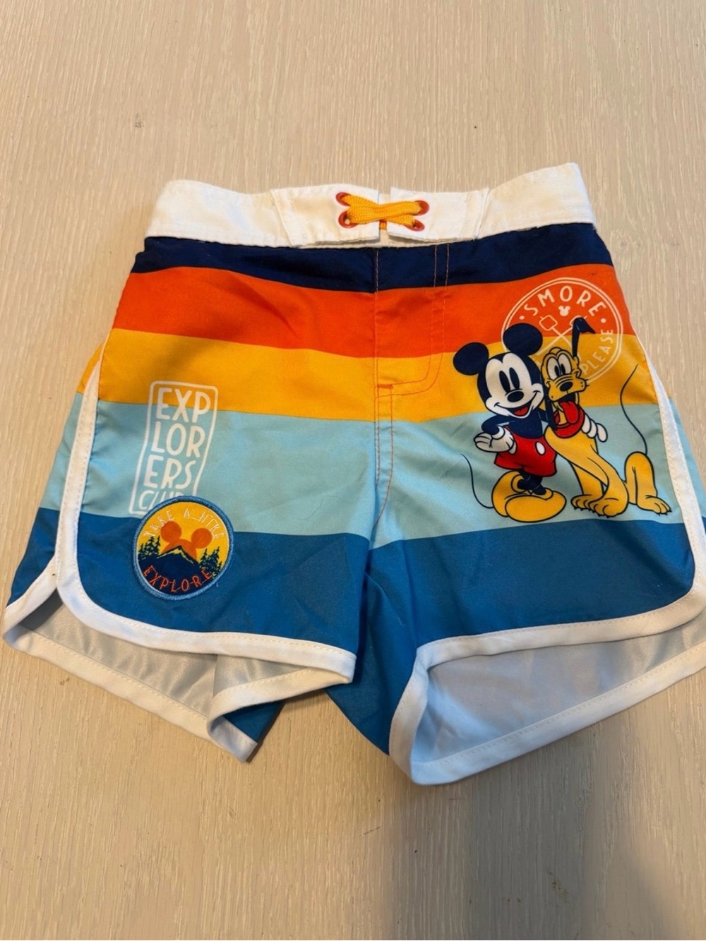 Disney Mickey & Pluto Striped Swim Trunks - Blue, Orange, Yellow